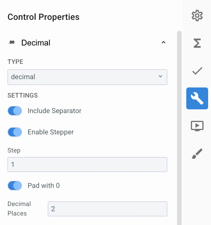 Mirata Control Properties panel for Decimal Input configuration