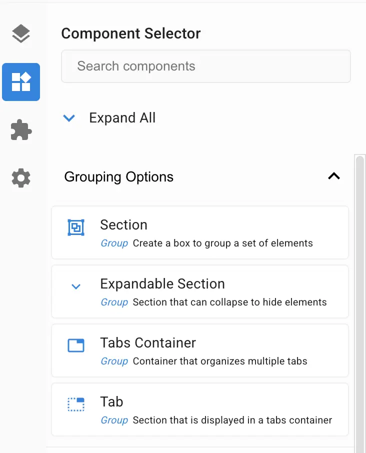 Mirata Component Selector with Grouping Options for Section, Expandable Section, Tabs Container, and Tab