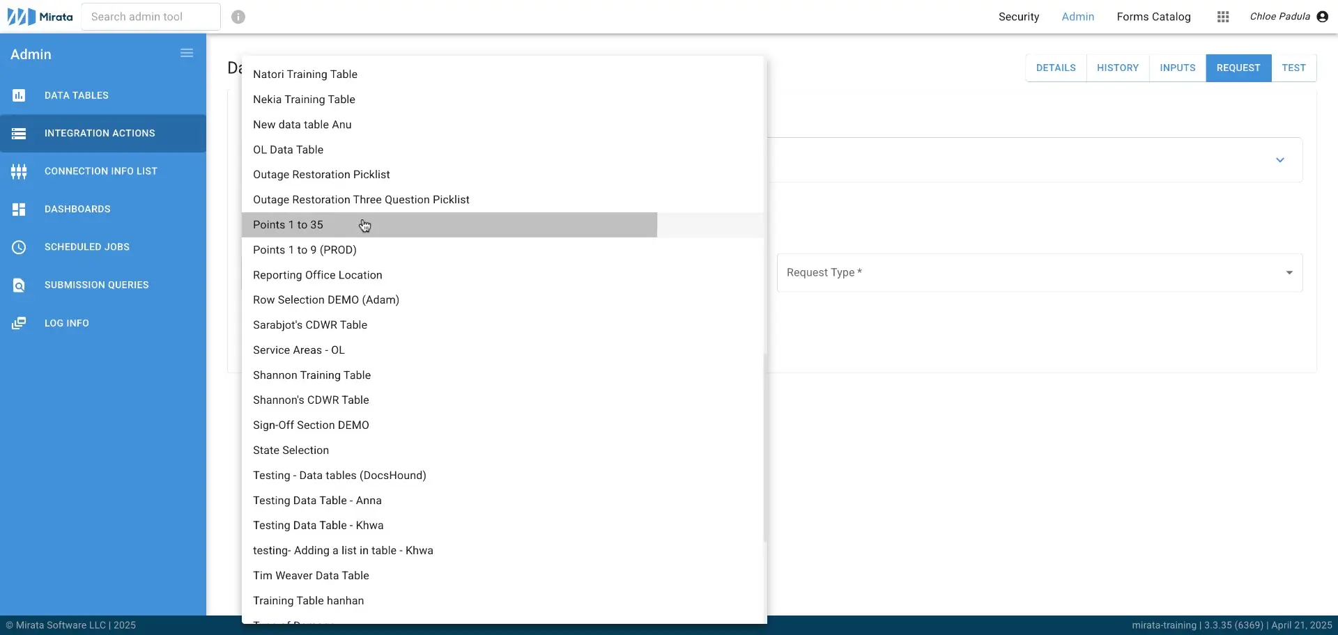 The user is selecting "Points 1 to 35" from a list of data tables within the Mirata admin tool, likely to configure or view data related to this selection.