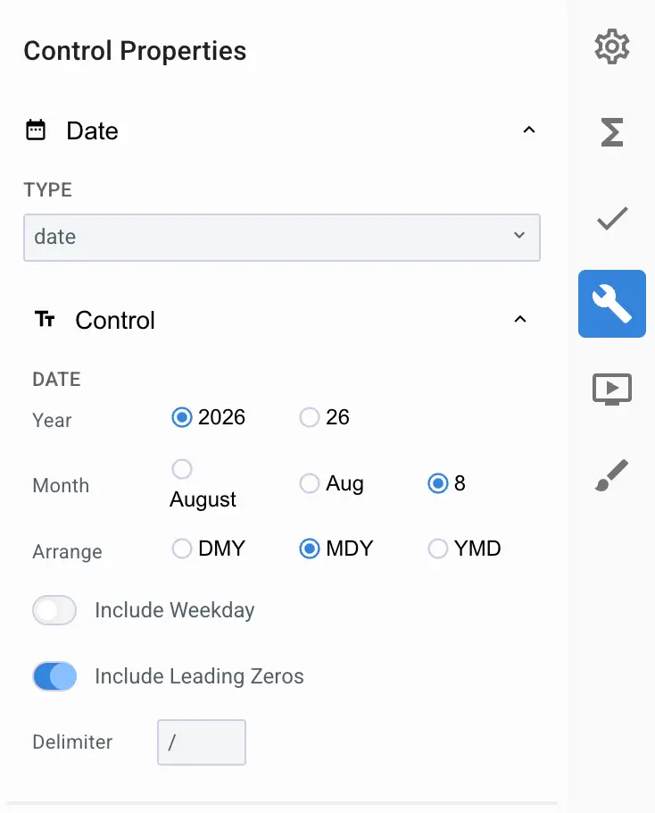 Mirata Control Properties panel for date configuration