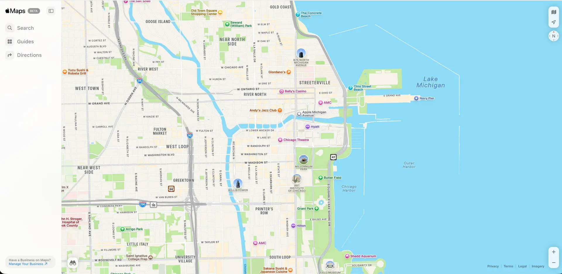 Apple Maps interface showing a map of Chicago with landmarks and navigation options.