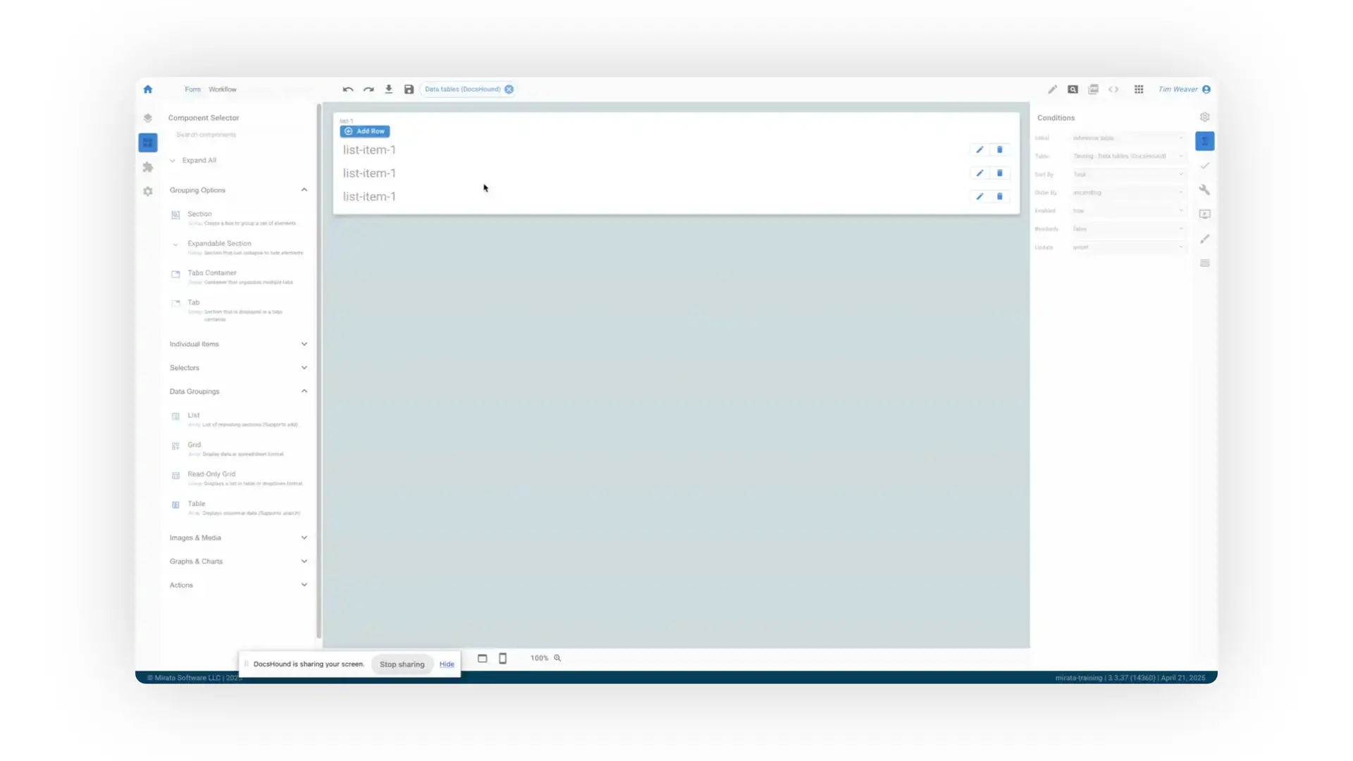 The screenshot displays the Mirata platform's interface for designing data tables. The user is configuring the 'Testing - Data tables (DocsHound)' table, as indicated in the conditions panel.