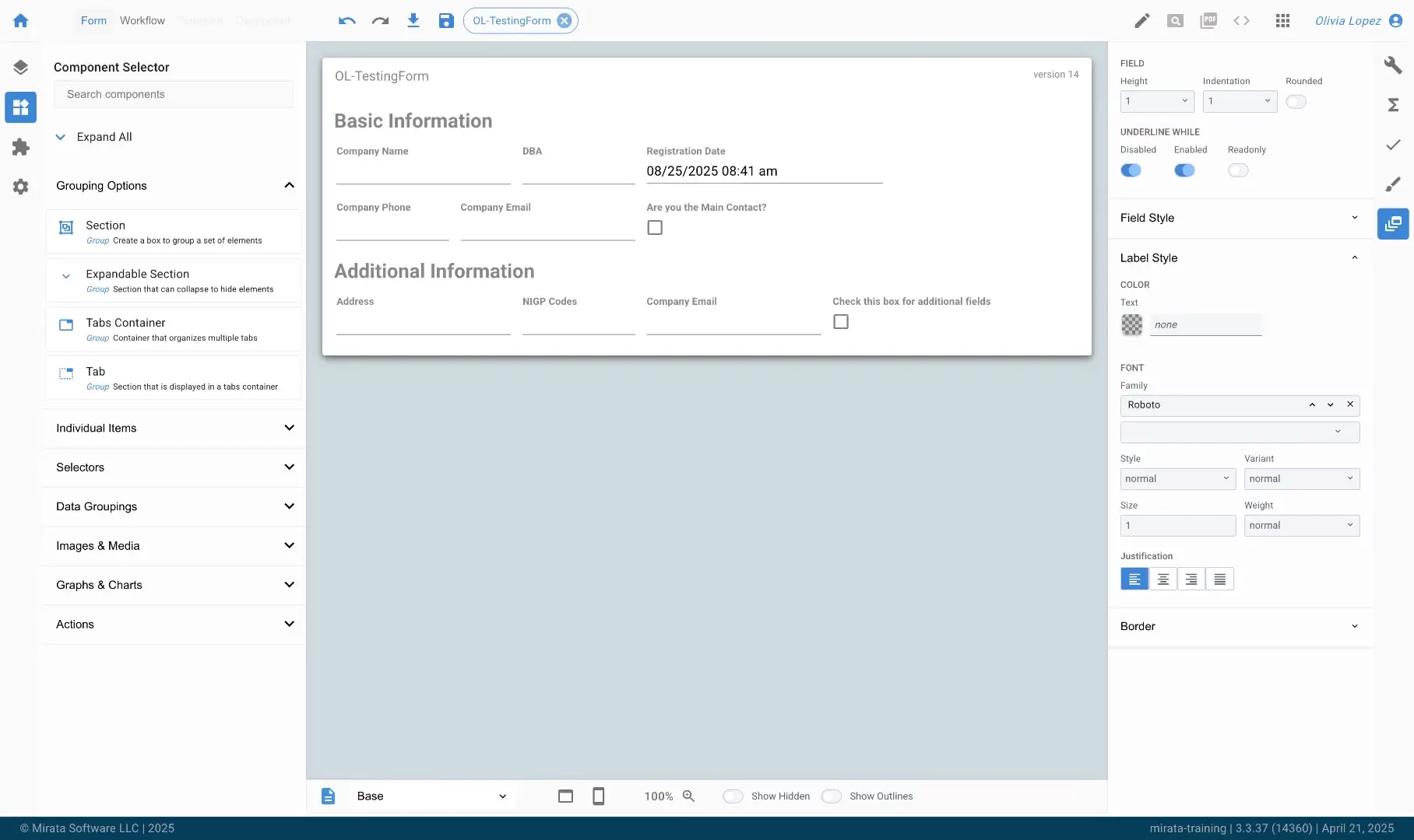The user is viewing the form design interface within the Mirata platform, focusing on the field style options for customizing form elements.