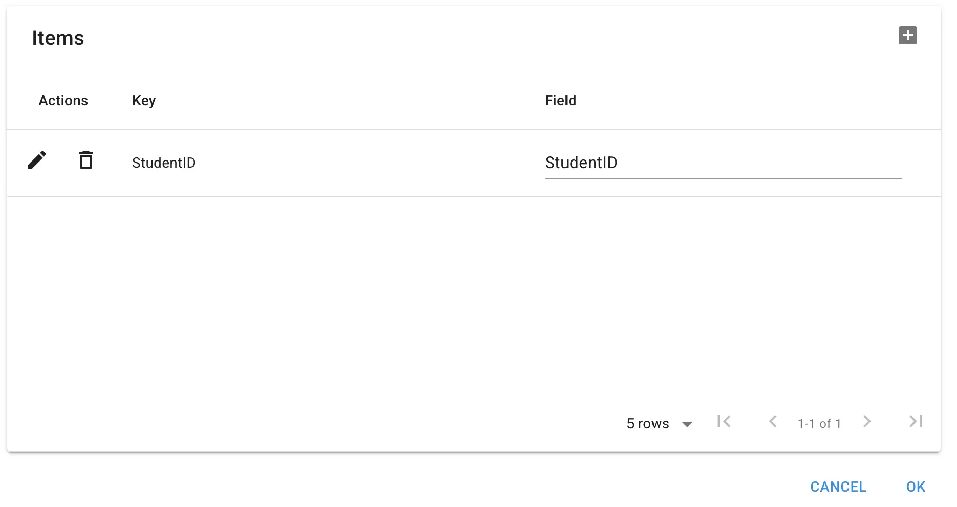 Mirata platform Items section with Actions, Key, and Field columns, showing StudentID entry.