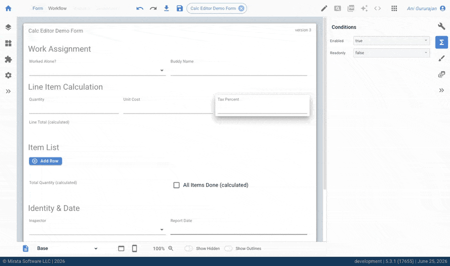 Mirata Calc Editor Demo Form with branching conditions