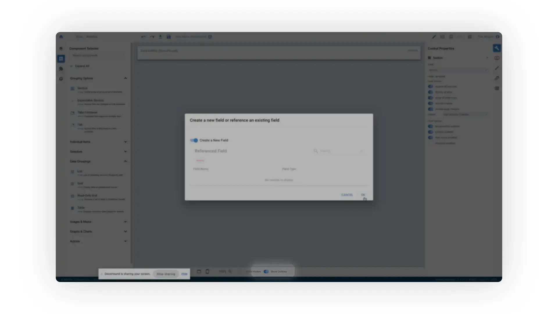 The user is in the process of creating a new field within a form using the Mirata platform. They are presented with options to either create a new field or reference an existing one.